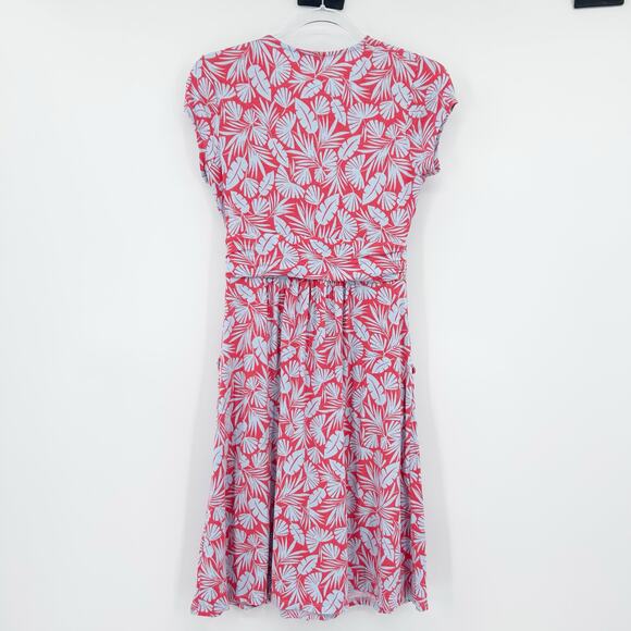 Boden Lola Jersey Dress Red Blue Leaf Print V-Neck Ruched Pockets Womens Size 2P - Picture 8 of 12